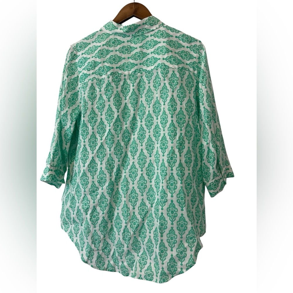 Chicos Women’s Linen Size Large Ikat Buttondown Top No Iron Green Boho 3/4 Slv - Picture 3 of 9